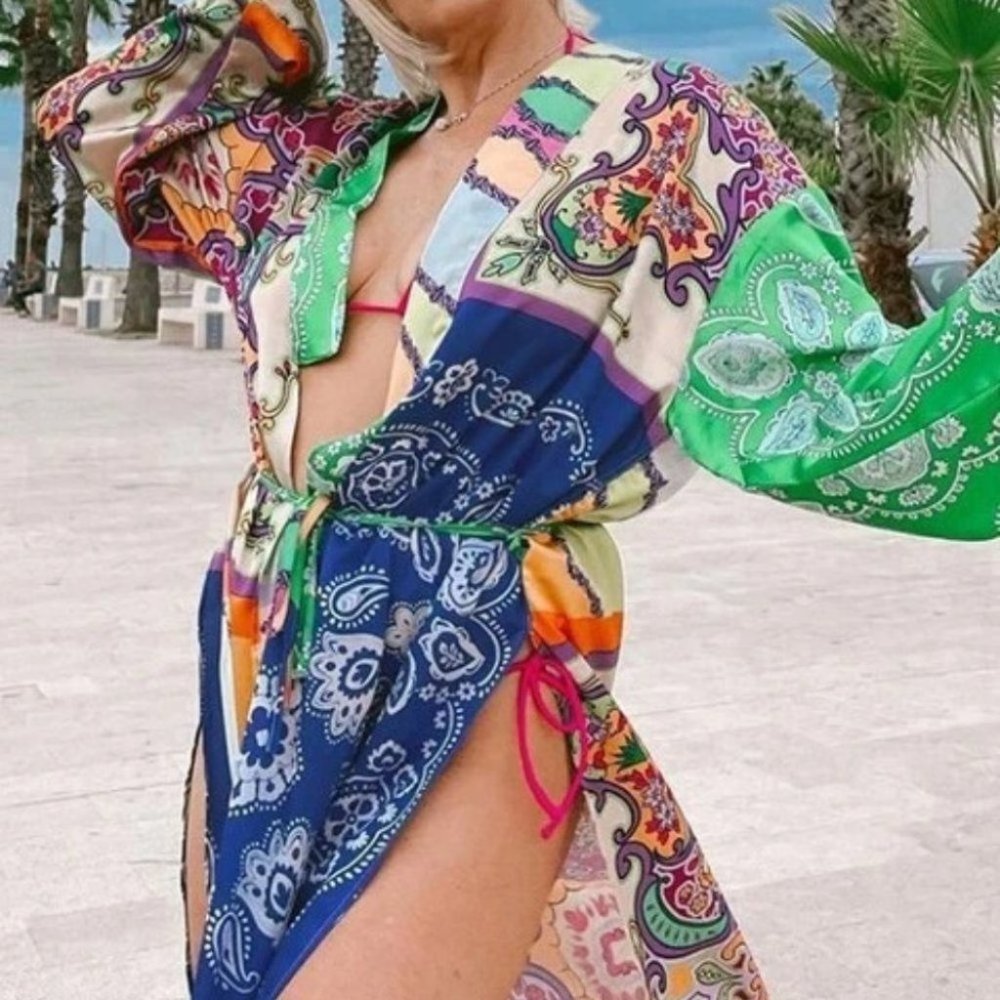 Print Open Print Kimono Cover-up Beach wear Duster - Picture 3 of 12